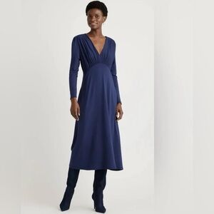 Quince Women Tencel Jersey V-neck Long Sleeve Midi Dress Navy Basic size Large